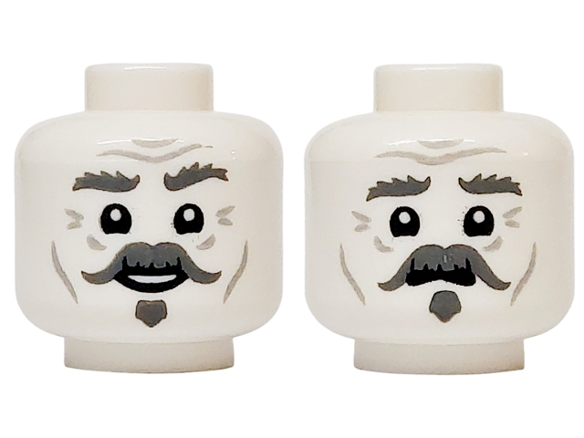 Minifigure, Head Dual Sided Dark Bluish Gray Bushy Eyebrows, Left Raised, Handlebar Moustache and Soul Patch, Light Bluish Gray Wrinkles, Cheek Lines and Forehead Creases, Lower Eyelids, Open Mouth Smile / Worried Expression Pattern
