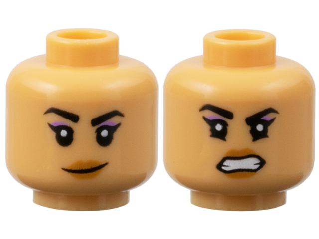 Minifigure, Head Dual Sided Female Black Eyebrows, Medium Lavender Eye Shadow, Medium Nougat Lips, Crooked Smile / Open Mouth Scowl with Teeth Pattern