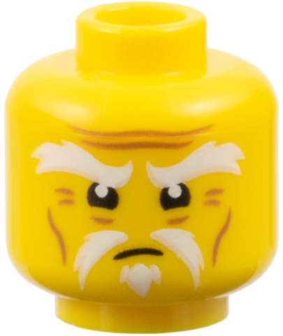 Minifigure, Head White Bushy Eyebrows and Fu Manchu Moustache, Squinted Eyes, Medium Nougat Forehead Creases, Crow's Feet, and Cheek Lines Pattern