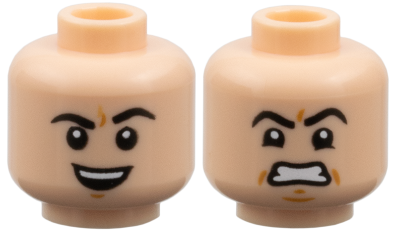 Minifigure, Head Dual Sided Black Eyebrows, Medium Nougat Dimples, Open Mouth Smile with Top Teeth and Raised Eyebrow / Scowl Pattern
