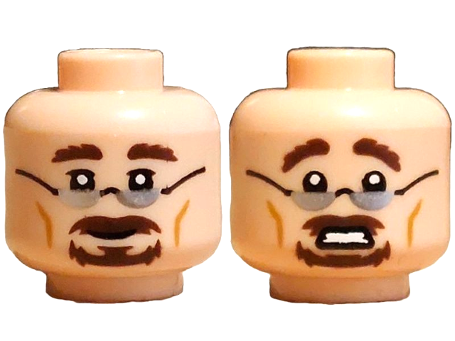 Minifigure, Head Dual Sided Silver Glasses, Dark Brown Eyebrows, Moustache, Goatee, Grin / Scared Open Mouth with Teeth Pattern