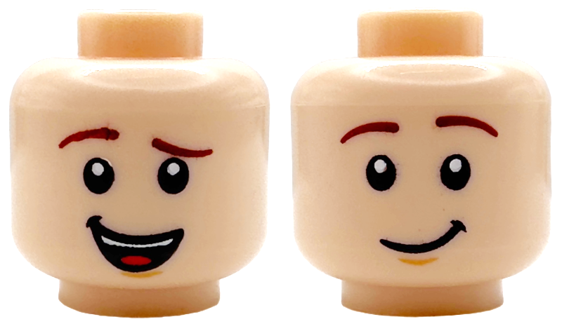 Minifigure, Head Dual Sided Reddish Brown Eyebrows, Nougat Chin Dimple, Lopsided Open Mouth Smile with Teeth and Tongue / Lopsided Grin Pattern