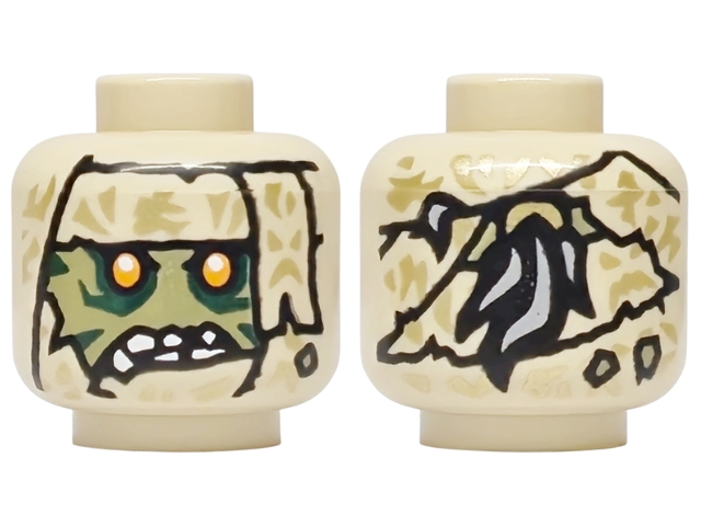 Minifigure, Head Alien Olive Green Face with Dark Green Markings, Bright Light Orange Eyes, Tattered Wrappings with Gold Highlights, Light Bluish Gray Ponytail on Back Pattern