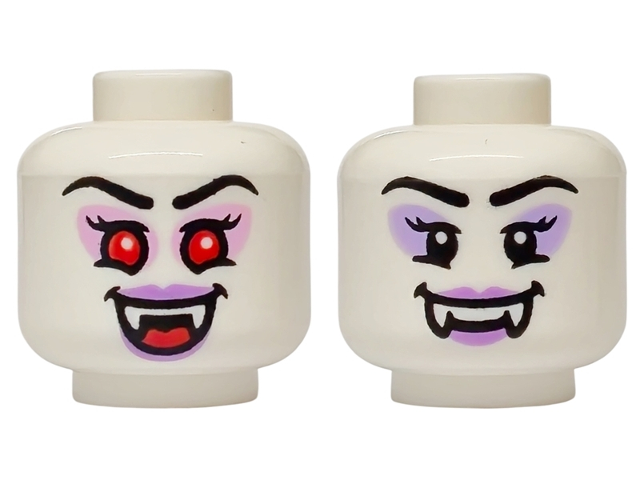 Minifigure, Head Dual Sided Alien Female Vampire with Black Eyebrows, Lavender Eye Shadow, Medium Lavender Lips, Fangs, Grin / Red Eyes, Bright Pink Eye Shadow, Open Mouth Smile with Tongue Pattern