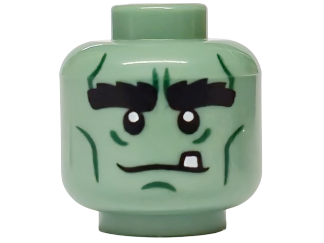 Minifigure, Head Alien Monster with Black Bushy Eyebrows, Dark Green Cheek Lines, Wrinkles, Chin Dimple, White Tooth, Neutral Pattern