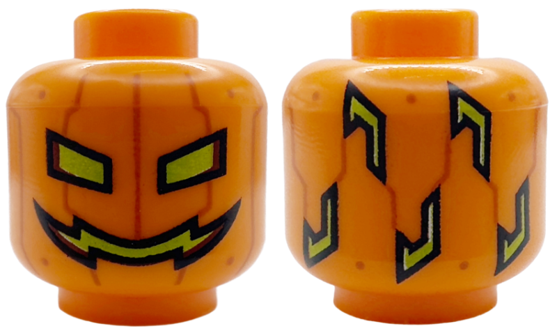 Minifigure, Head Pumpkin Jack O' Lantern with Lime Eyes, Mouth and Shapes on Back, Dark Orange Vertical Lines and Dots Pattern