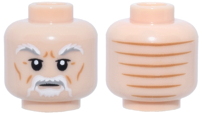Minifigure, Head White and Light Bluish Gray Bushy Eyebrows and Moustache, White Beard, Medium Nougat Wrinkles and Lines on Back Pattern