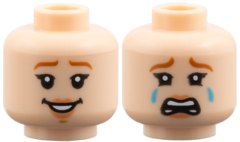 Minifigure, Head Dual Sided Female Dark Orange Eyebrows, Nougat Lips, Open Mouth Smile / Crying Pattern