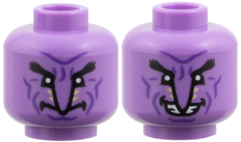 Minifigure, Head Dual Sided Alien, Black Eyebrows, Dark Purple Contour Lines, Long Nose, Tan Stripes, Neutral / Smile with Teeth Pattern