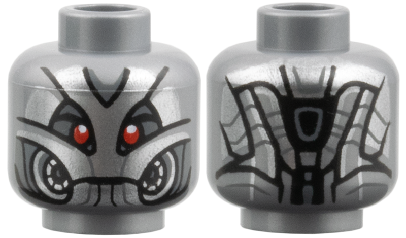 Minifigure, Head Alien Robot with Silver Face with Dark Bluish Gray Lines, Red Eyes, Armor Panels on Back Pattern