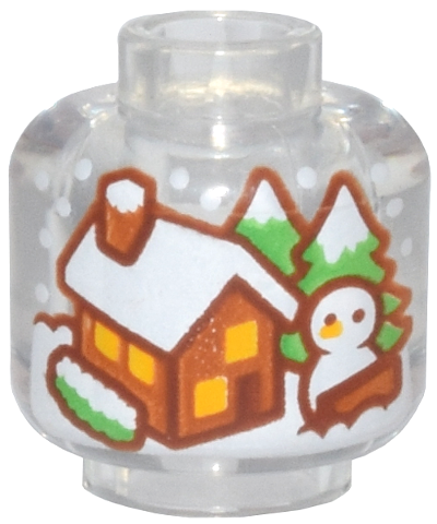 Minifigure, Head without Face with Snow Globe, Reddish Brown and Medium Nougat Cabin with Yellow Windows, Bright Green Trees, and White Snowman Pattern