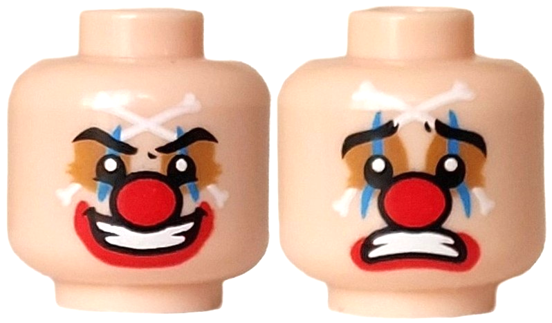 Minifigure, Head Dual Sided Clown Black Eyebrows, Medium Nougat Eye Shadow, Dark Azure Vertical Lines, White Crossbones, Red Nose and Lips, Open Mouth with Teeth Smile / Sad Pattern