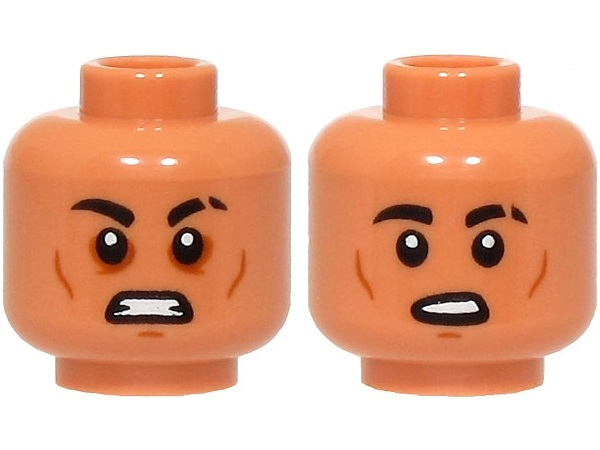 Minifigure, Head Dual Sided Black Eyebrows, Scar, Dark Orange Eye Shadow, Cheek Lines and Chin Dimple, Scared Open Mouth with Teeth / Surprised Pattern