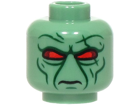 Minifigure, Head Alien with Red and Dark Red Eyes, Dark Green Wrinkles, Cheek Lines and Chin Dimple, Frown Pattern