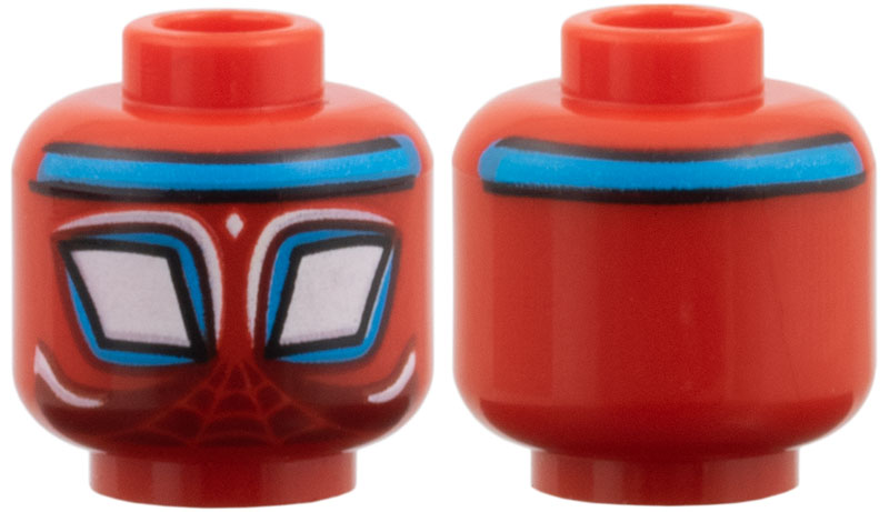 Minifigure, Head Alien with Spider-Man Large White Diamond Eyes with Dark Azure Borders and Headband, Webbing and Highlights on Dark Red Background Pattern