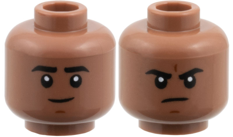 Minifigure, Head Dual Sided Black Eyebrows, Reddish Brown Chin Dimple, Grin / Frown Pattern