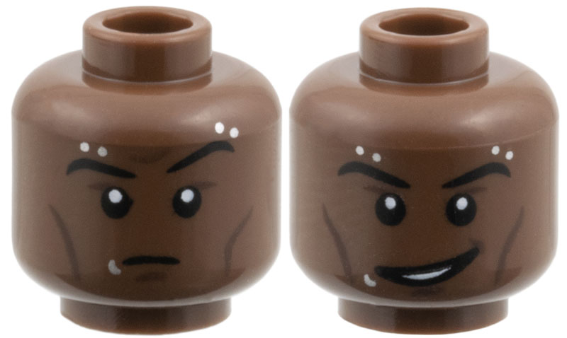 Minifigure, Head Dual Sided Black Eyebrows, Dark Brown Cheek Lines, Silver Piercings and Lip Ring, Raised Eyebrow Left / Lopsided Grin Pattern