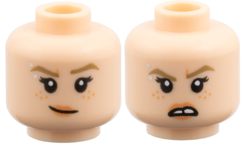 Minifigure, Head Dual Sided Female, Dark Tan Eyebrows, Silver Eyebrow Piercing, Nougat Freckles and Lips, Lopsided Grin / Open Mouth Scowl with Tooth Gap Pattern