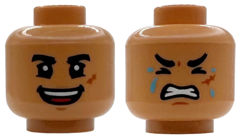 Minifigure, Head Dual Sided Black Thick Eyebrows, Dark Orange Scar, Red Tongue, Open Mouth Smile / Scared with Medium Azure Sweat Drops Pattern