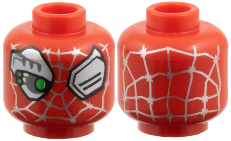 Minifigure, Head Alien Silver Webbing, Eyes and Cyborg Eyepiece, Bright Green Eye Sensors Pattern