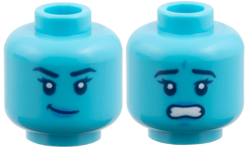 Minifigure, Head Dual Sided Female, Black Eyebrows, Dark Azure Lips, Lopsided Grin / Scared Open Mouth with Teeth Pattern