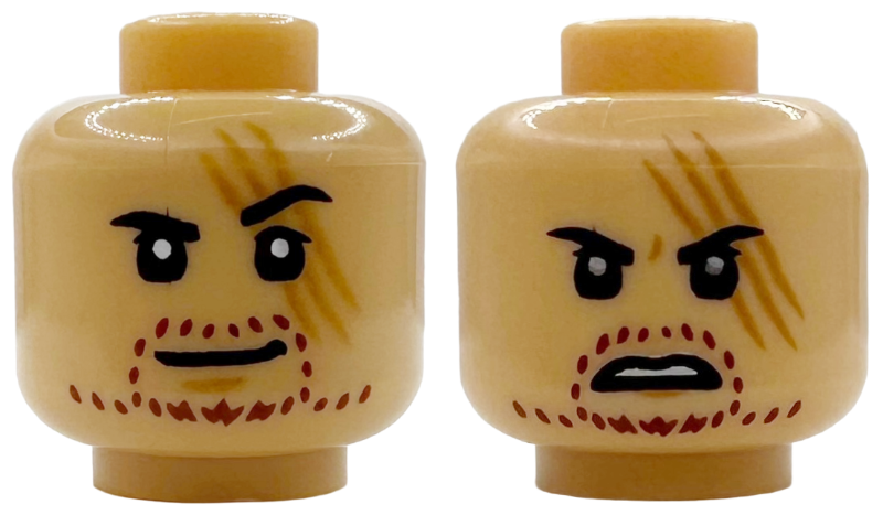 Minifigure, Head Dual Sided Black Eyebrows, 3 Medium Nougat Diagonal Scars, Reddish Brown Beard Stubble, White Glints, Closed Mouth Neutral / Silver Glints, Open Mouth Angry Pattern