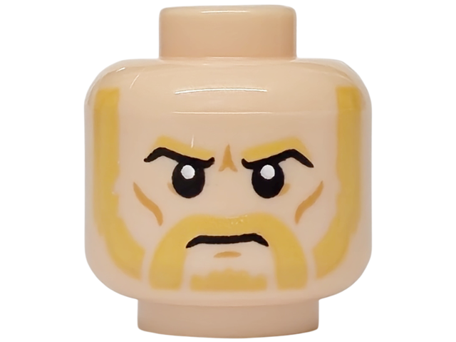 Minifigure, Head Ochre Yellow Eyebrows, Beard and Moustache, Medium Nougat Cheek Lines and Chin Dimple, Frown Pattern