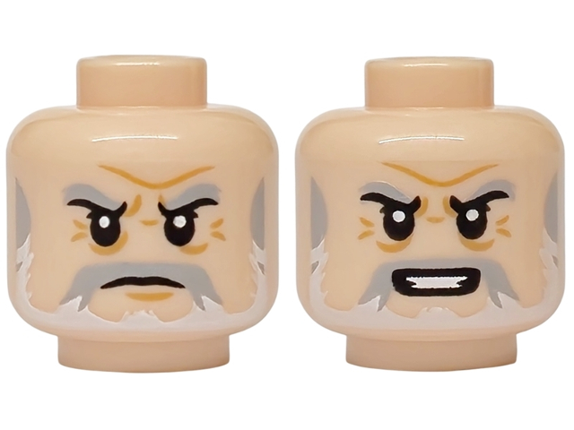 Minifigure, Head Dual Sided Light Bluish Gray Eyebrows and Moustache, White Beard, Medium Nougat Chin Dimple, Forehead Crease and Crow's Feet, Frown / Open Mouth Scowl with Teeth Pattern