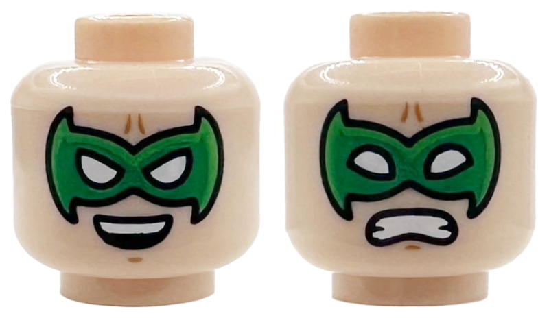 Minifigure, Head Dual Sided Green and Bright Green Bat-Shaped Domino Mask with White Eyes, Medium Nougat Chin Dimple, Open Mouth Grin with Top Teeth / Fierce Pattern
