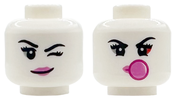 Minifigure, Head Dual Sided Female Thin Black Eyebrows and Eyelashes, Dark Pink Lips, Light Bluish Gray and Red Eye Shadow, Left Eye Winking / Blowing Bubblegum Bubble with Magenta Outline Pattern