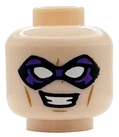 Minifigure, Head Dark Purple Eye Mask with Black Outline, White Eyes, Medium Nougat Cheek Lines and Chin Dimple, Open Mouth Grin with White Teeth Pattern