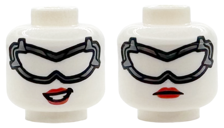 Minifigure, Head Dual Sided Female Dark Silver Goggles with Black Outlines, Red Lips, Lopsided Open Mouth Smile with Teeth / Neutral Pattern