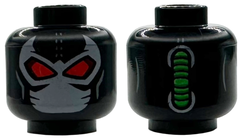 Minifigure, Head Alien with Wrestler Mask, Light Bluish Gray with Large Red Eyes, Bright Green Hose on Back Pattern