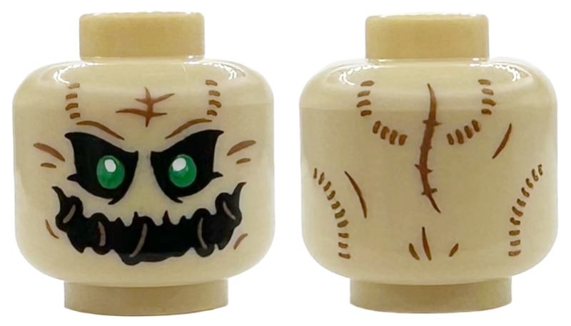 Minifigure, Head Alien Scarecrow with Green Eyes, Dark Tan Stitching and Lines, Open Black Mouth with Strings Pattern