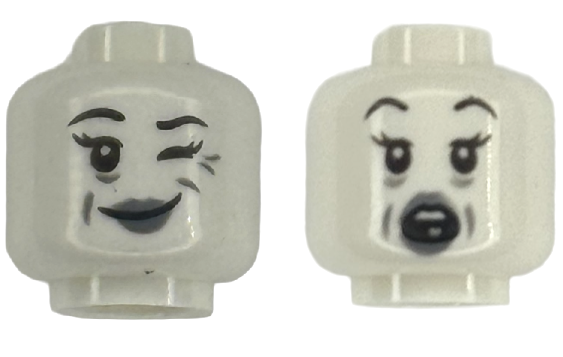 Minifigure, Head Dual Sided Alien Ghost with Dark Bluish Gray Eyebrows, Light Bluish Gray Lips and Wrinkles, Lopsided Grin and Wink / Scared Open Mouth with Top Teeth Pattern (BAM)