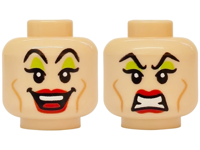 Minifigure, Head Dual Sided Female Black Eyebrows, Lime Eye Shadow, Medium Nougat Cheek Lines, Red Lips, Open Mouth Smile with Tongue and Top Teeth / Angry Scowl Pattern
