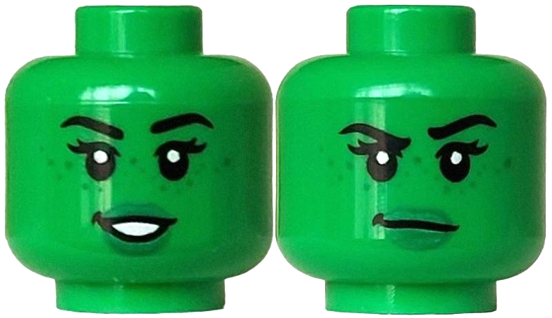 Minifigure, Head Dual Sided Female Black Eyebrows and Eyelashes, Green Lips and Freckles, Open Mouth Smile with White Teeth / Closed Mouth Pattern