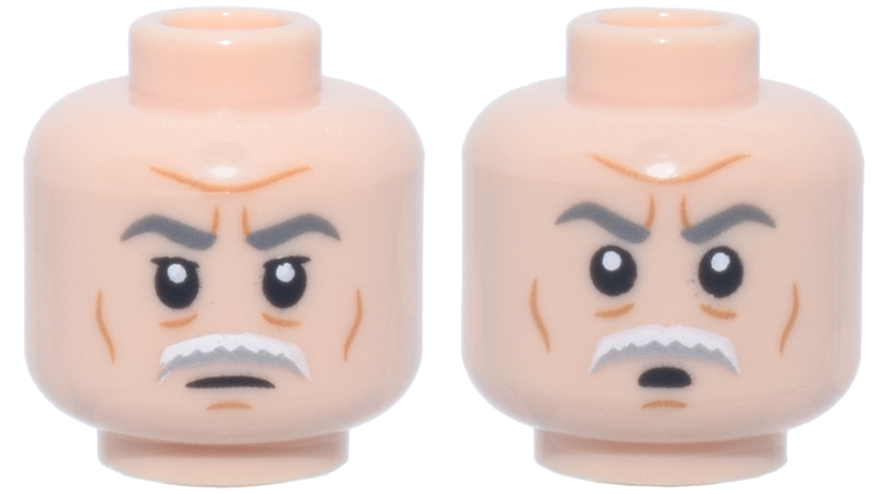 Minifigure, Head Dual Sided Dark Bluish Gray Eyebrows, White Bushy Moustache, Dark Orange Wrinkles, Frown / Pursed Mouth? Pattern (Colonel Wullf Yularen)