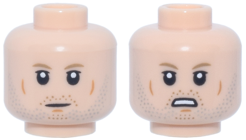 Minifigure, Head Dual Sided Dark Tan Eyebrows, Light Bluish Gray Beard Stubble, Dark Orange Cheek Lines and Chin Dimple, Neutral / Open Mouth Scowl Pattern (Galen Erso)