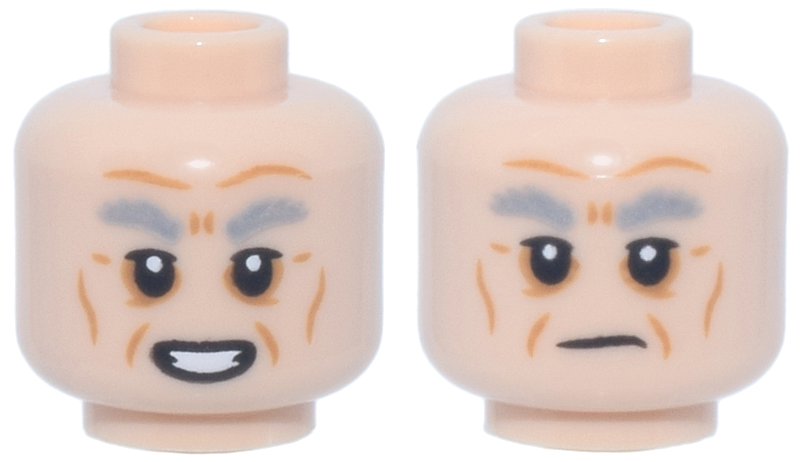 Minifigure, Head Dual Sided Light Bluish Gray Bushy Eyebrows, Dark Orange Wrinkles Open Mouth Smile / Closed Mouth Smirk Pattern