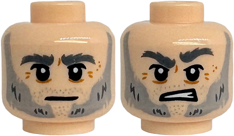 Minifigure, Head Dual Sided Dark Bluish Gray Thick Bushy Eyebrows, Light Bluish Gray Mutton Chops and Goatee Stubble, Medium Nougat Wrinkles, Closed Mouth Neutral / Open Mouth Angry with Teeth Pattern