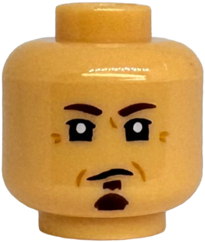 Minifigure, Head Male Black Thin Eyebrows, Eyes with White Glints, Soul Patch, Closed Lopsided Mouth, Medium Nougat Wrinkles Pattern