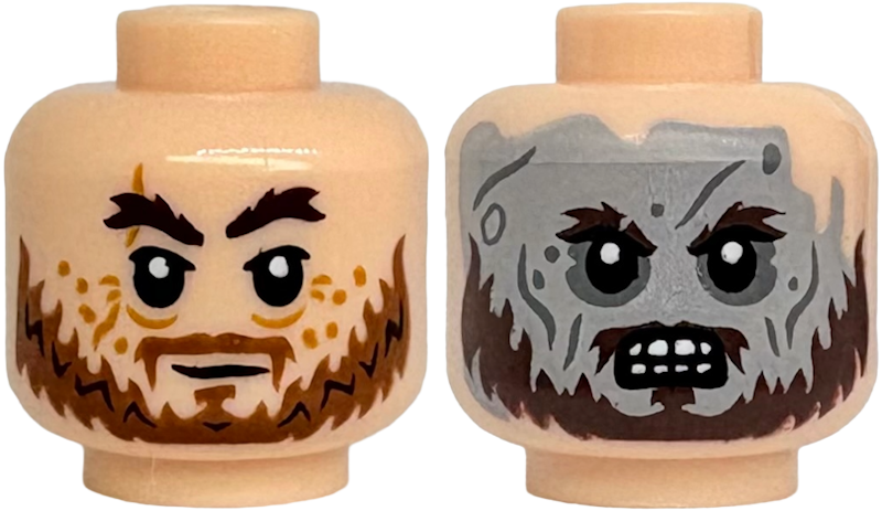 Minifigure, Head Dual Sided Dark Brown Thick Bushy Eyebrows, Black Eyes, White Glints, Medium Brown Beard and Moustache, Medium Nougat Wrinkles, Closed Mouth Neutral / Dark Bluish Gray Wrinkles, Open Mouth Angry Bared Teeth, Light Bluish Gray Face Pattern