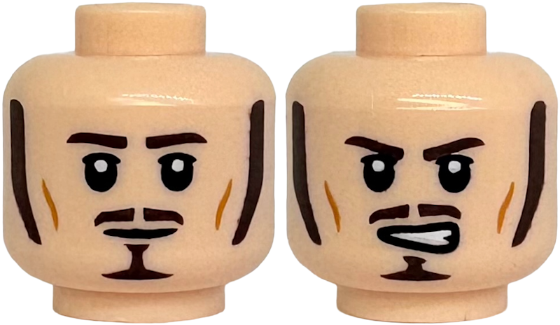 Minifigure, Head Dual Sided Dark Brown Eyebrows, Sideburns, Moustache and Goatee, Medium Nougat Cheek Lines, Black Eyes and Closed Mouth Neutral / Open Mouth Angry with Teeth Pattern