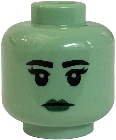 Minifigure, Head Female Black Squared Eyebrows, Eyelashes and Eyes, Dark Green Lips, Closed Mouth Neutral Pattern