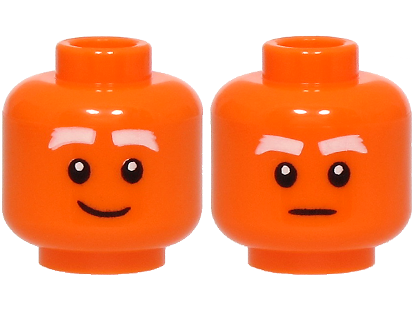 Minifigure, Head Dual Sided White Thick Eyebrows, Lopsided Grin / Stern Pattern