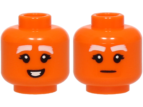 Minifigure, Head Dual Sided Female White Thick Eyebrows, Black Double Eyelashes, Open Mouth Smile with Teeth / Stern Pattern