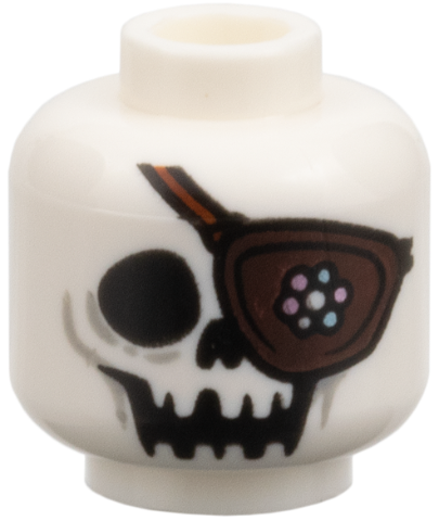 Minifigure, Head Alien Black Skull with Dark Brown Eye Patch with Metallic Light Blue and Metallic Pink Jewels, Reddish Brown Strap, Light Bluish Gray Lines Pattern