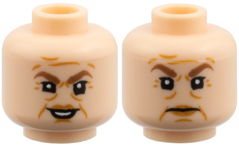 Minifigure, Head Dual Sided Female Medium Brown Eyebrows, Medium Nougat Lips, Forehead Lines and Wrinkles, Open Mouth Smile with Teeth / Slight Frown Pattern