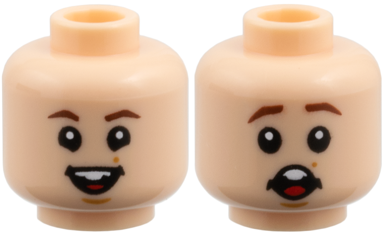 Minifigure, Head Dual Sided Child Reddish Brown Eyebrows, Medium Nougat Mole and Chin Dimple, Open Mouth Smile with Top Teeth and Tongue / Surprised Pattern